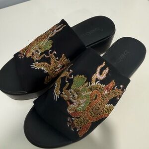 Y2K Bebe Black Embroidered Dragon Slide Sandal Platforms Summer
